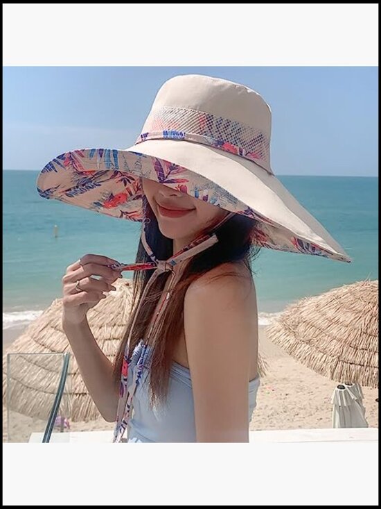Wide Brim Sun Hat UPF 50+ Packable Beach Hat Adjustable Strap Floral Pattern